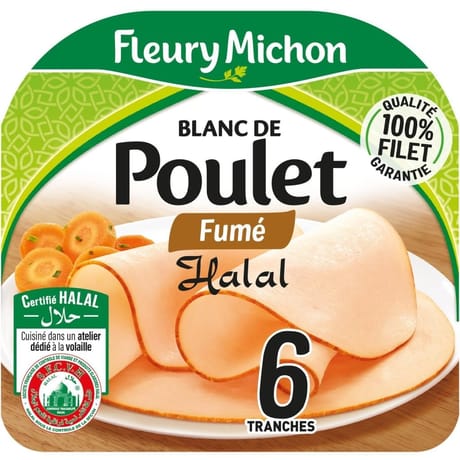 Fleury michon 6 tranches fines blanc de poulet fumé halal soit 180g