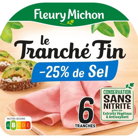 Fleury michon jambon le tranché fin -25% sel 6 tranches  180g