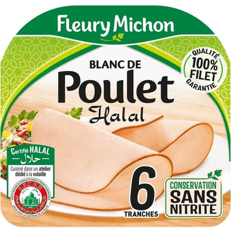 Fleury michon blanc de poulet halal conservation sans nitrire 6 tranches fines 180g