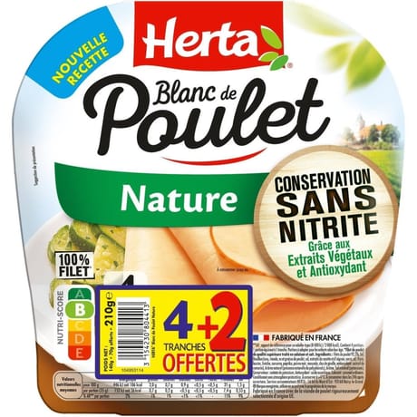 Herta blanc de poulet nature sans nitrite 4 tranches + 2 offertes 210g