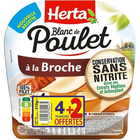 Herta blanc de poulet broche sans nitrite 4 tranches + 2 offertes 210g