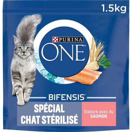 Purina one croquettes pour chat adulte stérilisé au saumon et céréales complètes 1,5 KG
