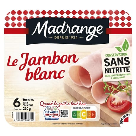 Madrange mon jambon blanc conservation sans nitrite sans couenne 4 tranches 140g