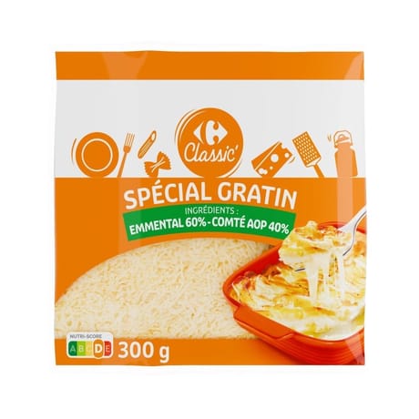 Carrefour classic' fromage râpé spécial gratin emmental 60%, comté aop 40% 300g