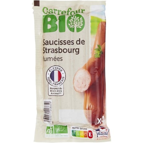 Carrefour bio saucisses de Strasbourg fumées x4 140g