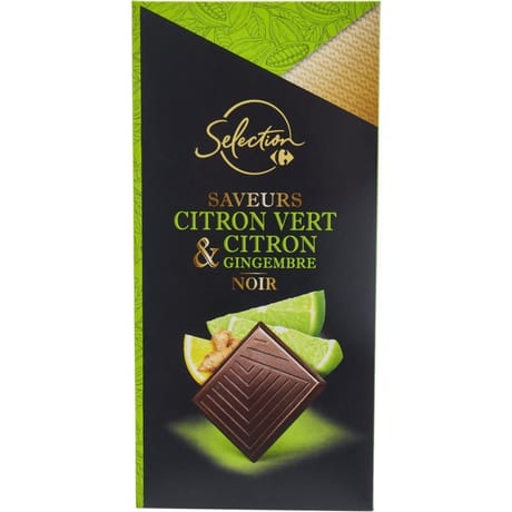 Carrefour sélection tablette chocolat noir saveur citron vert citron et gingembre -100g