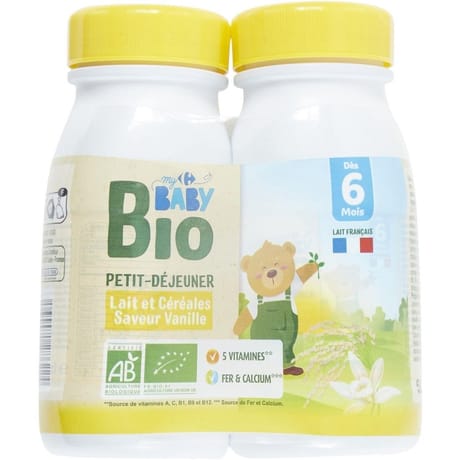 Carrefour baby bio petit déjeuner lait et céréales dès 6 mois vanille 2x25cl
