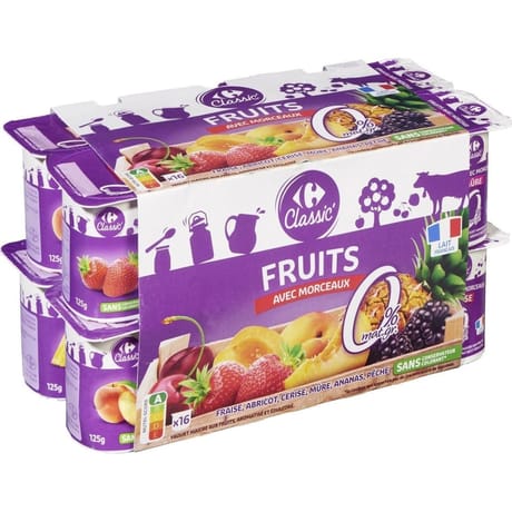 Carrefour classic yaourt aux fruits avec morceaux 0% mg 16x125g