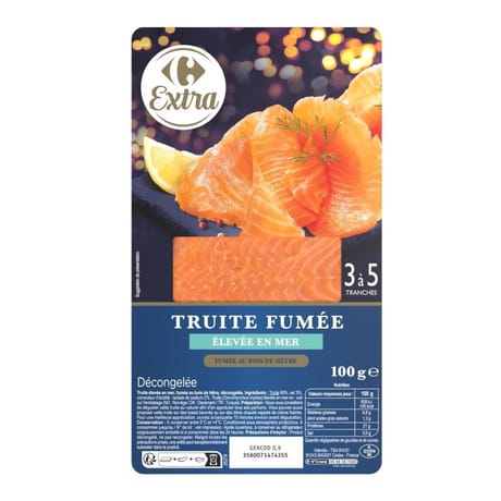 Carrefour Extra truite fumée élevée en mer décongelée 100g