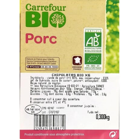 Chipolatas bio x6 300g Carrefour