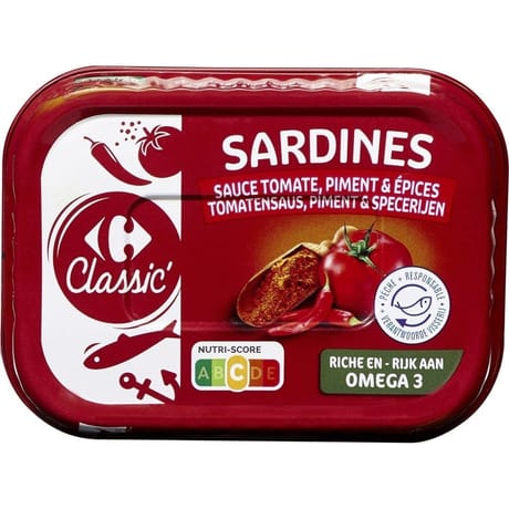 Carrefour Classic' sardines sauce tomate piment épices 88g