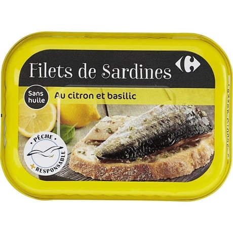 Carrefour extra filets de sardines citron et basilic 70g