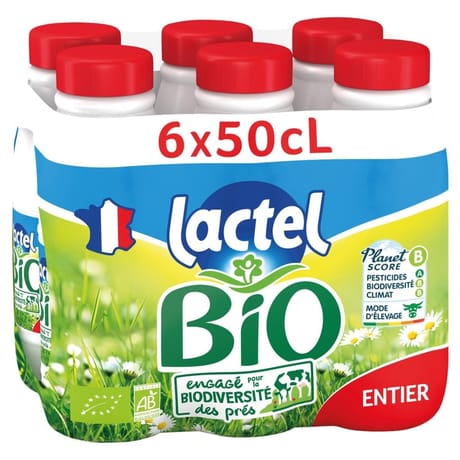 Lactel lait bio entier bouteille 6x50cl