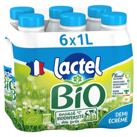 Lactel lait bio demi-écrémé bouteille  6x1l