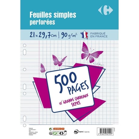 Carrefour 500 feuilles simples perforées 21x29.7 cm grands carreaux