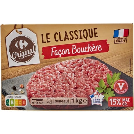 Carrefour le classique steak haché façon bouchère pur boeuf 15% mg 8x125g