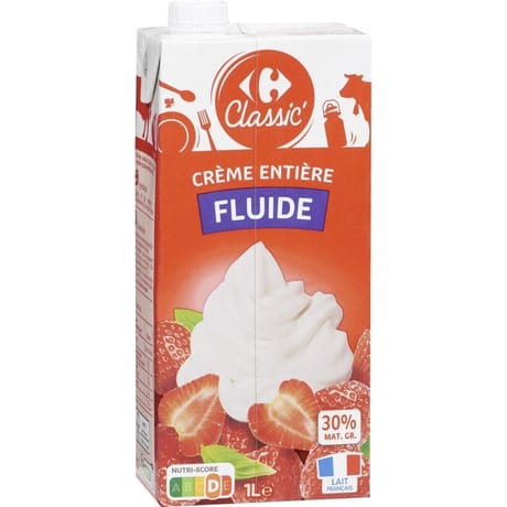 Carrefour classic crème entière fluide uht 30%mg 1l