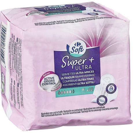 Carrefour soft serviettes hygiéniques ultra minces super+ x12