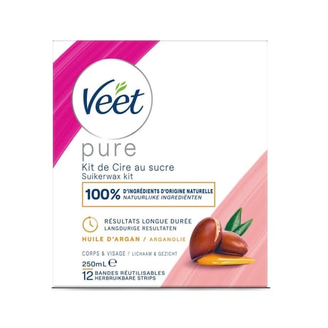 Veet pure kit de cire au sucre huile d'argan épilation 250 ml