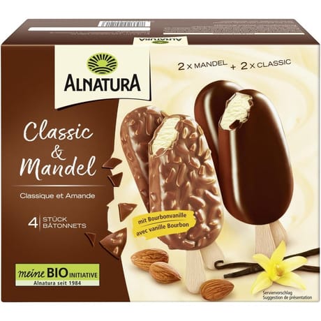 Alnatura 4 bâtonnets classique et amande avec de la vanille bourbon 302g 440ml bio