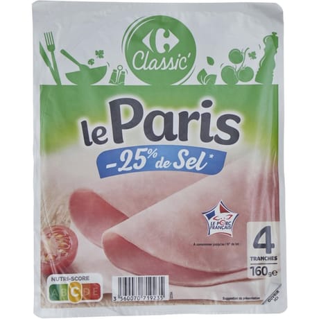 Carrefour jambon découenné et dégraissé sel réduit 4 tranches 160g