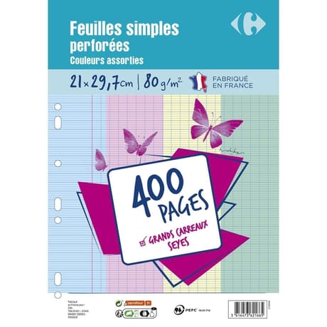 Carrefour 400 feuilles simples perforées de couleur 21x29.7 cm grands carreaux