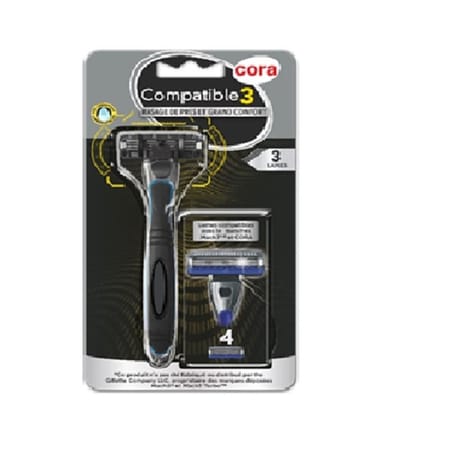 Cora rasoir système homme 3 lames compatible mach 3 manche + 4 recharges