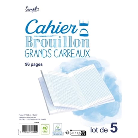 Simpl' lot de 5 cahiers brouillon 17x22 cm 96 pages grands carreaux