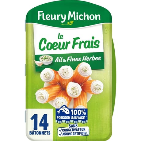 Fleury Michon 14 bâtonnets de surimi coeur frais fromage ail et fines herbes 224g