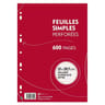 Feuilles simples blanches perforées 21x29.7 cm  600 pages grands carreaux