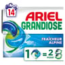 Ariel grandiose pods lessive liquide en capsules fraîcheur alpine x 14 lavages