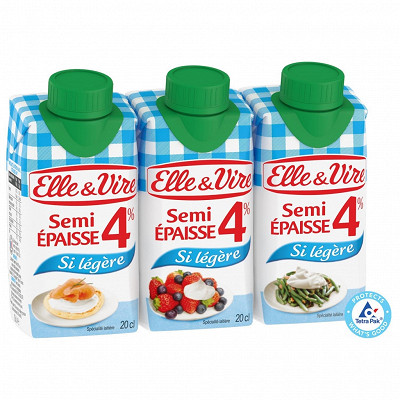 Elle & Vire Elle & Vire semi épaisse si légère 4% MG stérilisée uht  lot 3 x 20 cl
